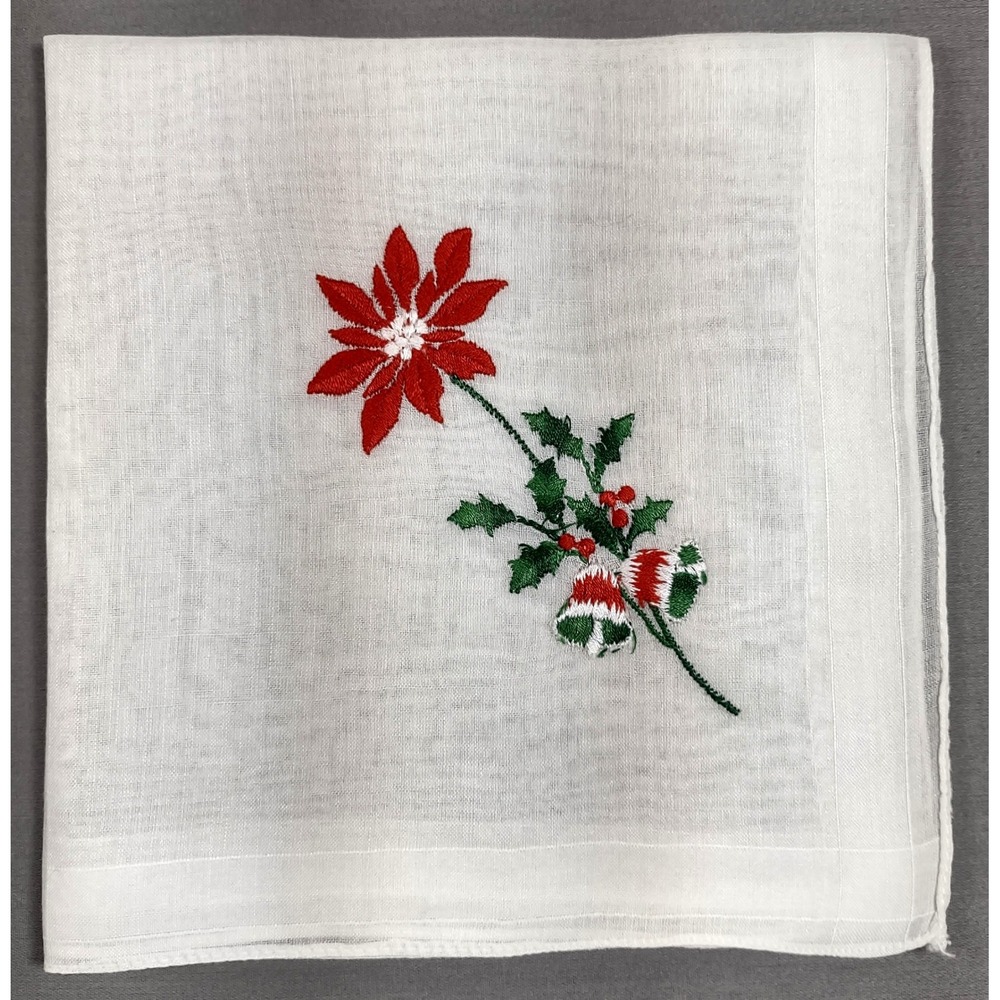 Vintage Christmas Handkerchief 11.5x12 White Embroidered Poinsettia Holly Bells